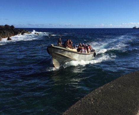 Mit dem Langboot geht es vom Kreuzfahrtschiff zur Mole auf Pitcairn