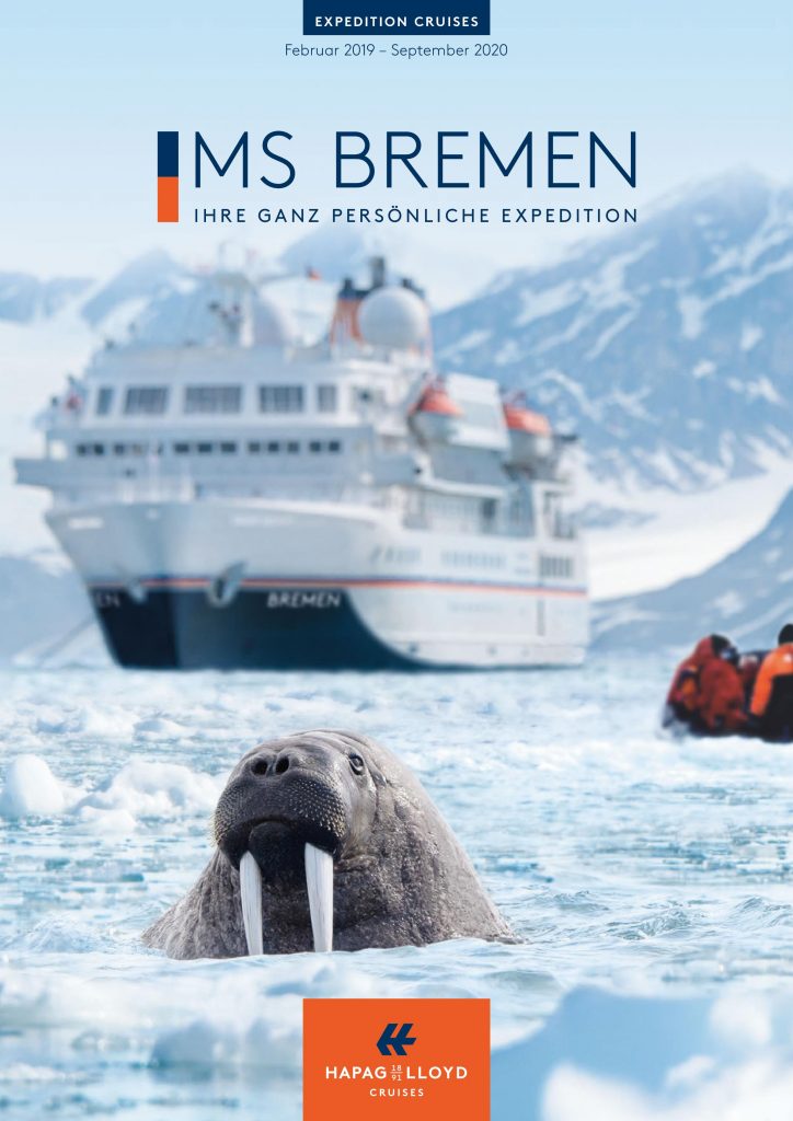 Der neue Katalog von Hapag-Lloyd Cruises für das Expeditionsschiff MS Bremen ist erschienen. Zwischen Februar 2019 und September 2020 gibt es eine Arktis-Umrundung in 72 Tagen, dazu kommen Fahrten von Argentinien nach Neuseeland und durch den Indischen Ozean.