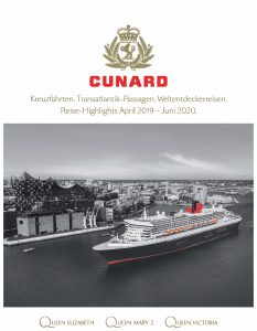 Der Cunard-Katalog für die nächste Saison ist da. Ab sofort ist das neue Programm der britischen Traditionsreederei für den Zeitraum von November 2019 bis Juni 2020 im Reisebüro sowie über die Cunard Reservierung buchbar. 