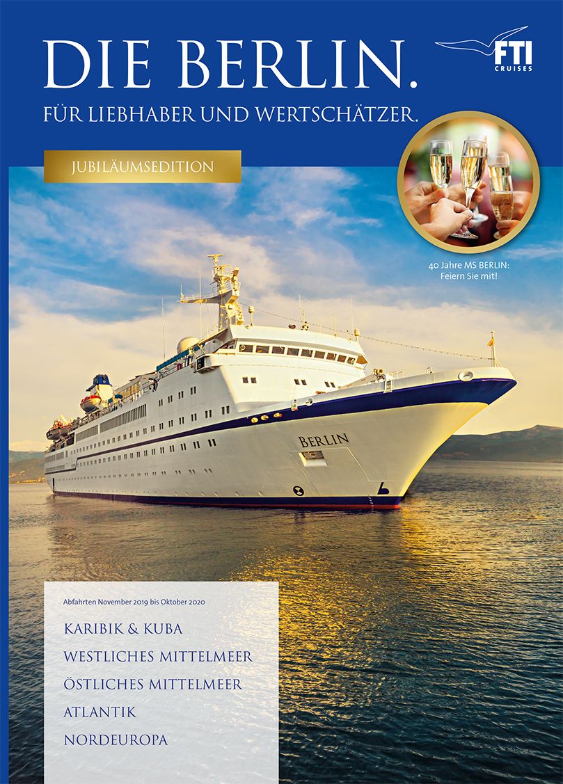 Das Jahr 2020 ist für die MS Berlin ein Jubiläumsjahr: Das Schiff feiert 40. Geburtstag. Der neue Katalog 2020 bietet 25 Routen und zehn Erstanläufe.