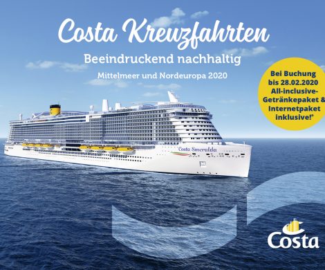 Costa Kreuzfahrten bietet bis zum 28. Februar 2020 bei Nordland und Mittelmeer das Getränkepaket „Più Gusto“ sowie ein Internetpaket mit 250 MB inklusive.